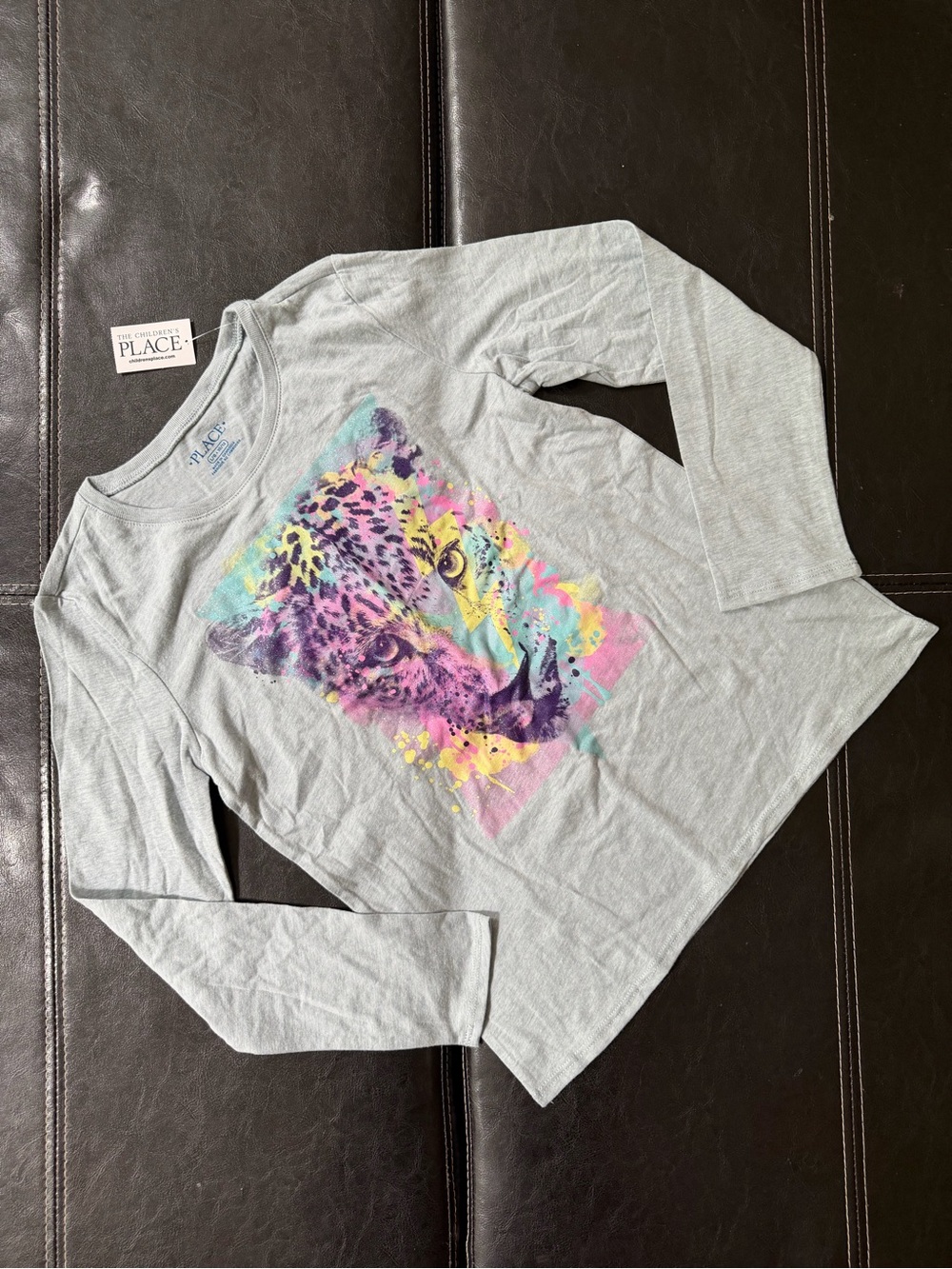 Place - Girl’s Gray Long Sleeve Tee with Pink, Purple & Teal Sparkly Leopard